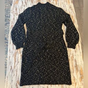 Ann Taylor L Sweater Dress Black and Gold Speckled Knit Puff Sleeve Belted